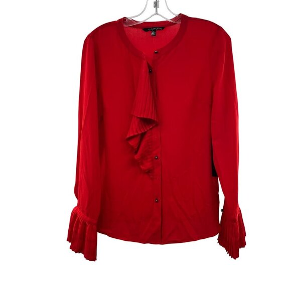 Eva Longoria Button Up Blouse Pleated Ruffle Red Size Small New - Picture 1 of 9